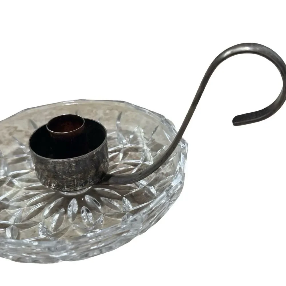 Silver plated Candle Holder 5” Cut Glass‎ Trinket Dish VTG Antique With Handle